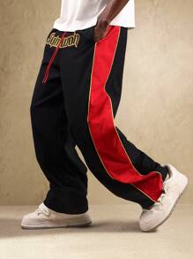SUMWON 复古赛车运动裤降落伞风格拉上条纹阔腿抽绳街头服饰节日宽松尼龙裤 - 彩色 - 查看 1