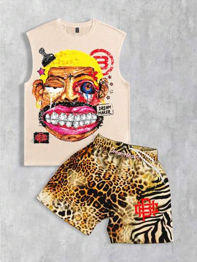 Street Life Men's Y2K Streetwear Cartoon Print Tank Top And Shorts Set