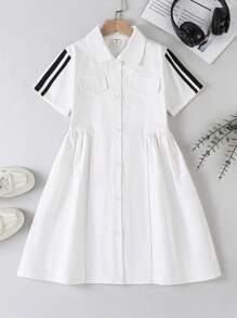 SHEIN Tween Girls Summer Stripe Short Sleeve Single-Breasted Casual Denim Dress - White - View 1