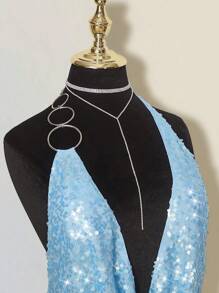 SHEIN ICON 女士性感音乐节度假闪亮亮片透视露背吊带背心，春夏 - 藍色 - 查看 3