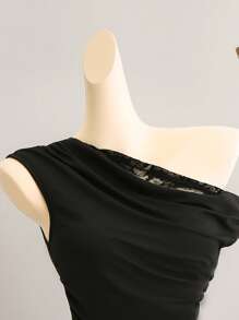 SHEIN Unity Women's Black Lace Insert Ruffle Shoulder Blouse Clothes For University - Black - View 3