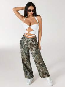 Rivivi Women's Branch Pattern Pocket Wide Leg Loose Casual Denim Pants - Army Green - View 6