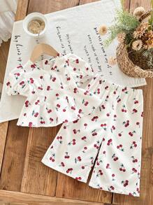 SHEIN LMoss Kids Babygirl 花卉印花短袖上衣和松紧腰裤两件套服装，夏季 - 彩色 - 查看 6