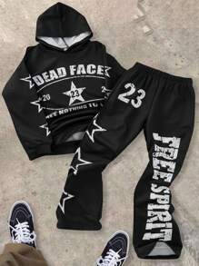 SHEIN Leap Crew Bộ 2 quần nỉ chui đầu in họa tiết thoải mái, dễ mặc hàng ngày, tiện dụng, tay ngắn và quần dài ống đứng cho bé trai tuổi teen - màu đen - Xem 1