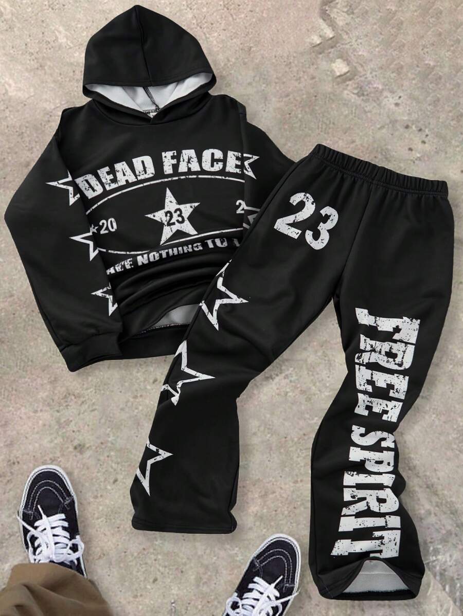 SHEIN Leap Crew Bộ 2 quần nỉ chui đầu in họa tiết thoải mái, dễ mặc hàng ngày, tiện dụng, tay ngắn và quần dài ống đứng cho bé trai tuổi teen - màu đen - Xem 1