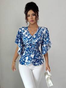 Elenzga Autumn New V-Neck Slit Waist Floral Print Blouse, Vintage Porcelain Pattern, Elegant Casual Vacation Date Wear, Puff Sleeve Shirt For Women, Teachers - Blue and White - View 6