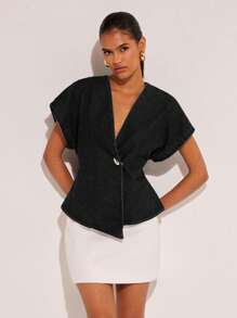 COSMINA Women's Metal Single Button Bat Wing Short Sleeve Fashionable Denim Blouse, Summer - Black - View 4