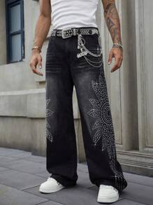 ROMWE MEN Street Life 男士闪亮花卉水钻口袋宽腿宽松牛仔裤 - 黑色 - 查看 5