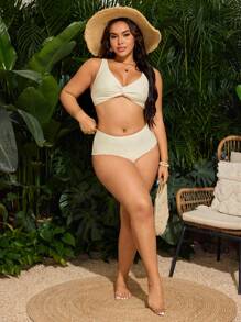 Swim Lushoire Plus Size Women Twisted Bikini Set, For Beach Holiday For Summer Beach Vacation - Apricot - View 6