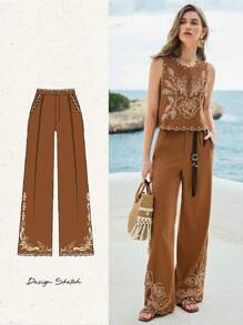 MOTF PREMIUM WOMEN'S LINEN EMBROIDERY SLANT POCKET SUIT PANTS - Brown - View 8