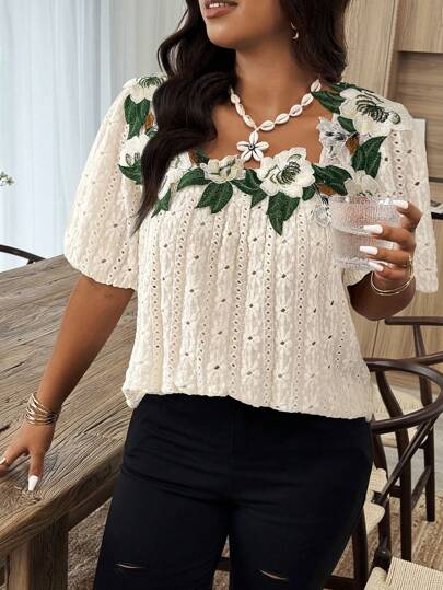 Weeklong Plus Size Casual Summer Floral Embroidery Short Sleeve T-Shirt