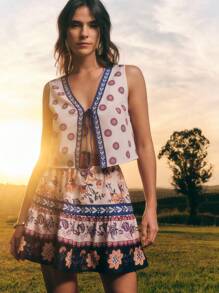 CAJUNI Váy ngắn đi biển mùa hè họa tiết hoa nhiệt đới Boho cho nữ cạp chun viền nhún - Nhiều màu - Xem 1