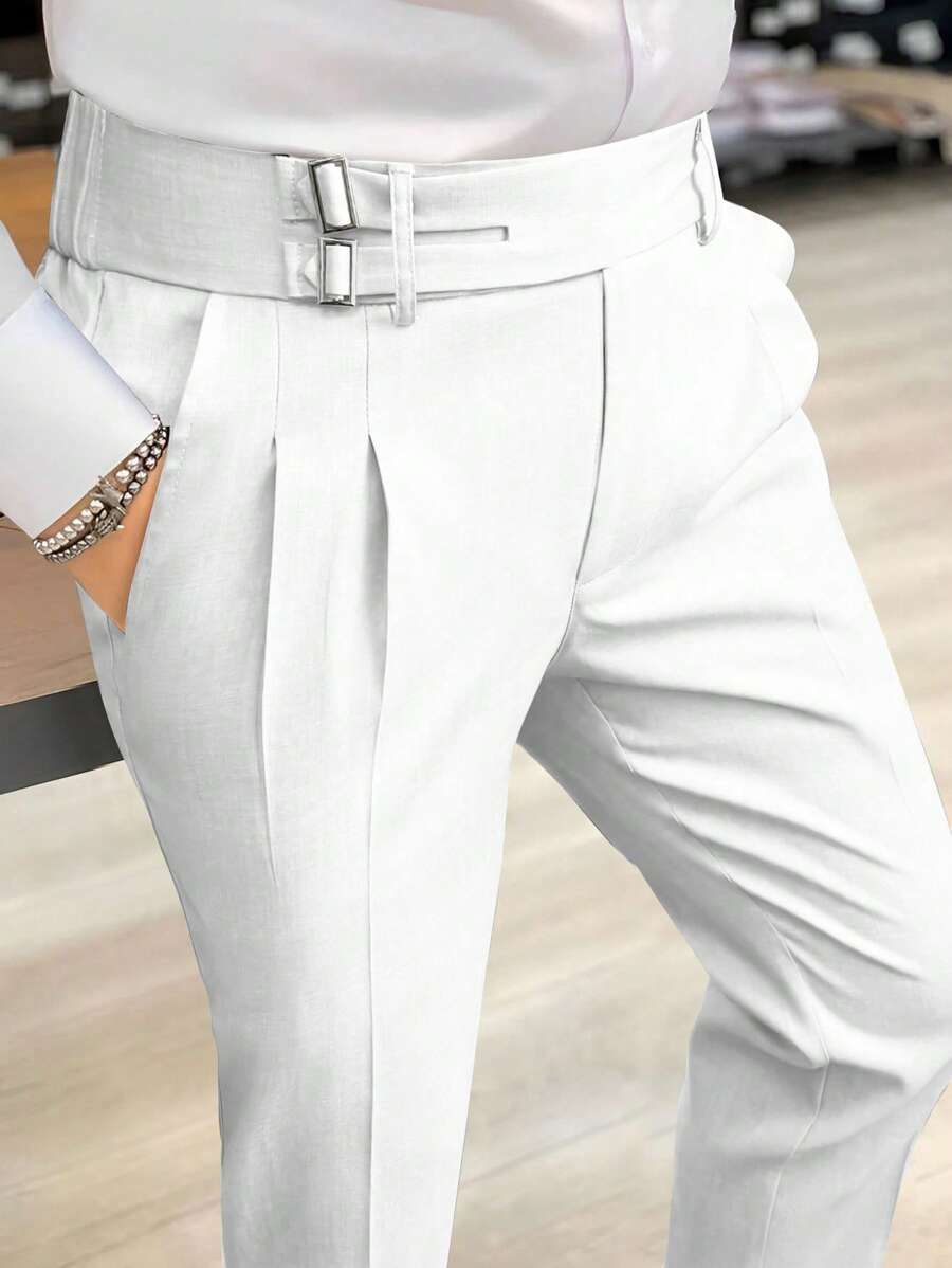 Manfinity Mode 男士纯色褶皱口袋直筒休闲通勤连衣裙白色裤子 - 白色 - 查看 1