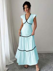 Rafferiza Delicate V-Neck Ruffled Cap Sleeve Wave-Edged Ribbon Accent Contrast Color Woven Textured Fabric Spring/Summer Dress For Women - Baby Blue - View 7