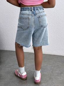 SHEIN Pantalones cortos vaqueros holgados de cintura alta con bordado de corazón lavado en azul claro, estilo Y2K para niña preadolescente; Pantalones cortos holgados de estilo boho para vacaciones de verano en la playa para niña preadolescente; Pantalones cortos casuales para conciertos de verano, festivales, brunch de verano, iglesia, graduación, vuelta al colegio para niña preadolescente - Lavado ligero - Ver 2