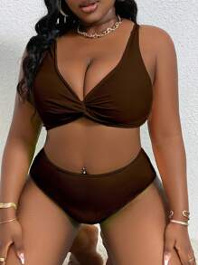 Slaydiva 加大码女式纯色扭纹性感比基尼套装，夏日海滩 - 棕色 - 查看 5