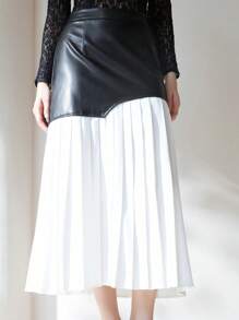 SHEIN Privé Elegant, Chic, Understated Long Asymmetrical Patchwork Color Block Pleated Chiffon Skirt, Suitable For Commuting, High-End Design Fall Cloth For Women - Black and White - View 3