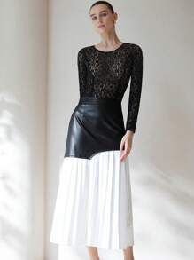 SHEIN Privé Elegant, Chic, Understated Long Asymmetrical Patchwork Color Block Pleated Chiffon Skirt, Suitable For Commuting, High-End Design Fall Cloth For Women - Black and White - View 4