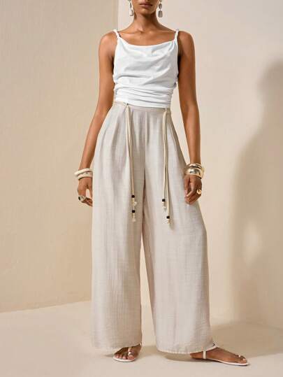 Zivah Conjunto de 2 piezas: Top sin mangas con cuello drapeado y textura en color albaricoque, con pantalones con decoración de cuerda en la cintura. Ideal para festivales de música, Pascua, Día de San Patricio, estilo occidental, nómada, fiestas de cumpleaños, graduaciones, estilo universitario, uso diario casual, básico versátil, vacaciones, cruceros, playa, tomar el sol, moda, ropa urbana, invitado de boda estilo bohemio, ir a brunch, aeropuerto.