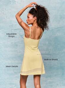 GLOWMODE FeatherFit™-Air Own Your Shine Lưới nối Dây đeo có thể điều chỉnh Cúp có thể tháo rời Quần short tích hợp Túi bên hông Tay cầm chống trượt Váy thể thao Yoga tác động thấp Pilates Studio Quần áo thể thao hàng ngày - French Vanilla - Xem 2