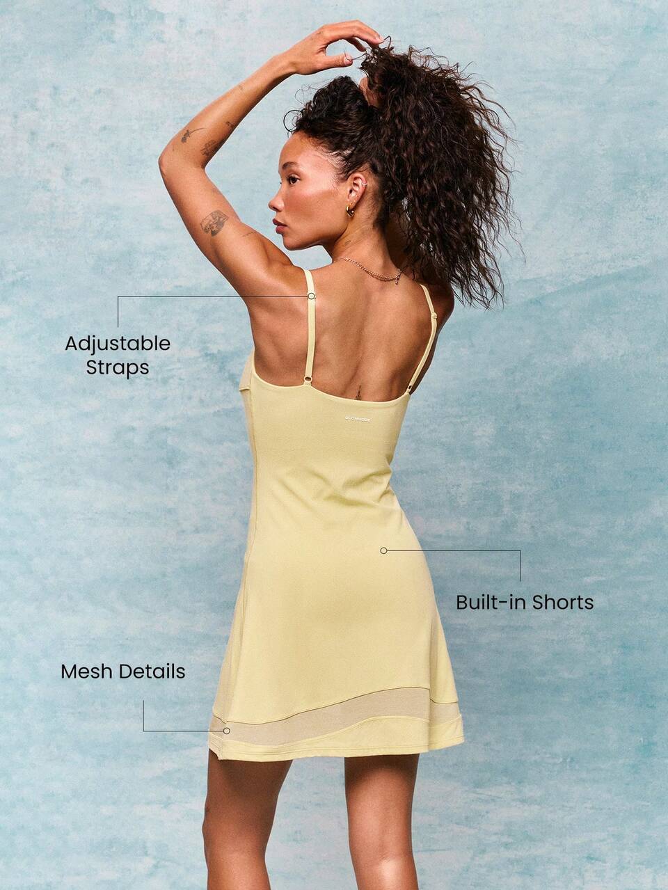 FeatherFit™-Air Own Your Shine Mesh Splicing Adjustable Straps Built-In Shorts Side Pockets Non-Slip Grips Active Dress Yoga Pilates