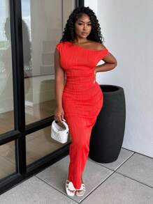 Alexandranx 夏季新款优雅派对日常约会斜肩单肩露肩前褶修身长裙波浪纹理针织面料白色女装连衣裙 - 橘色 - 查看 1