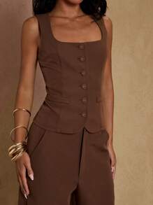 Glamine Grammy Women's Sleeveless Suit Vest Slim Square Collar Front Button Trousers Commuter Suit Simple Old Style With Pocket Straight Pants Women's Suit Simple And Generous Office Business Casual Wear Summer Two-Piece Suit Brown Two-Piece Suit Women's Wear - Rust Brown - View 6