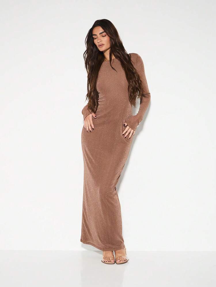 KIZN Elegant Shimmer Knit Long Sleeve Backless Full Length Maxi Dress
