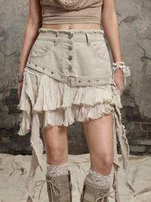 ROMWE Grunge Punk Minifalda de mezclilla con diseño desgastado, volantes y remiendo para mujer estilo Y2K