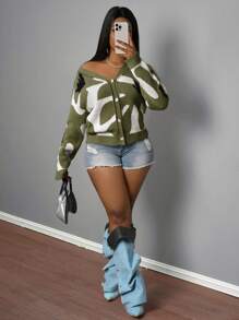 Slaydiva Autumn And Winter New Casual Simple Sports V-Neck Long-Sleeved Off-Shoulder Black And Gray Cow Pattern Woolen Jacket Women's Cardigan-A - Army Green - View 8