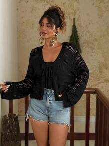 SHEIN VCAY Plus Size Solid Color Hollow Out Short Knit Black Cardigan Y2k Black Summer Top Crochet Tops For Women Eyelet Top For Women Knit Top Summer Tops Going Out Tops Women Crochet Streetwear Tie Front Top Mesh Back To School In Fall/Winter, For Woman