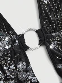 ROMWE Heavily Embroidered Sequin Beachwear Backless Draped Neck Women's Tank Top - Black - View 3