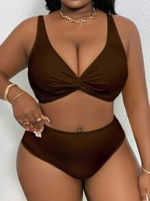 Slaydiva 加大码女式纯色扭纹性感比基尼套装，夏日海滩 - 棕色 - 查看 1