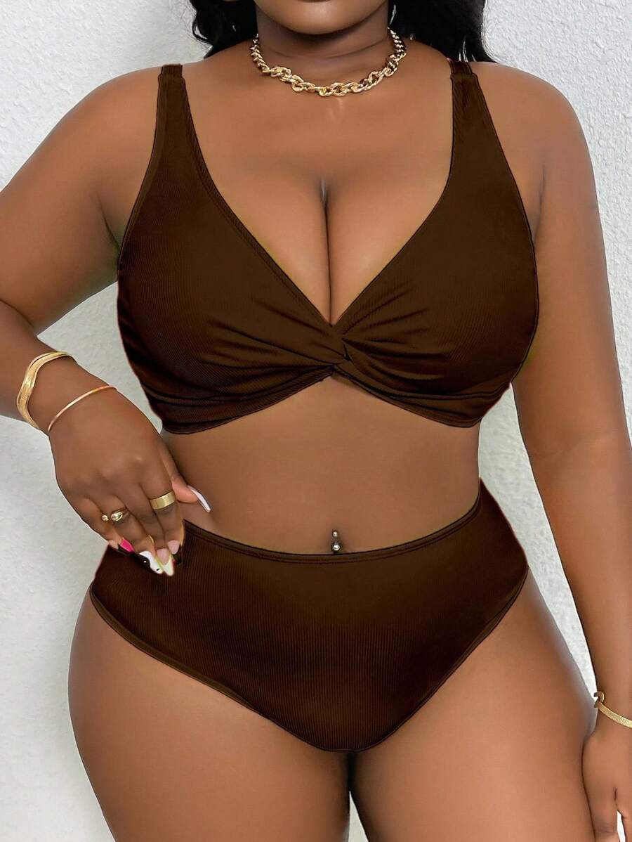 Slaydiva 加大码女式纯色扭纹性感比基尼套装，夏日海滩 - 棕色 - 查看 1