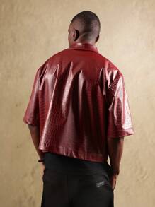 SUMWON Camisa de botones de manga corta de lujo con estampado de cocodrilo de piel sintética, moda de estilo callejero para otoño e invierno, prenda de declaración