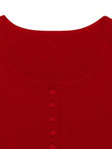 INAWLY 女士夏季短袖T恤，前扣和圓領設計 - 紅色 - 查看 3