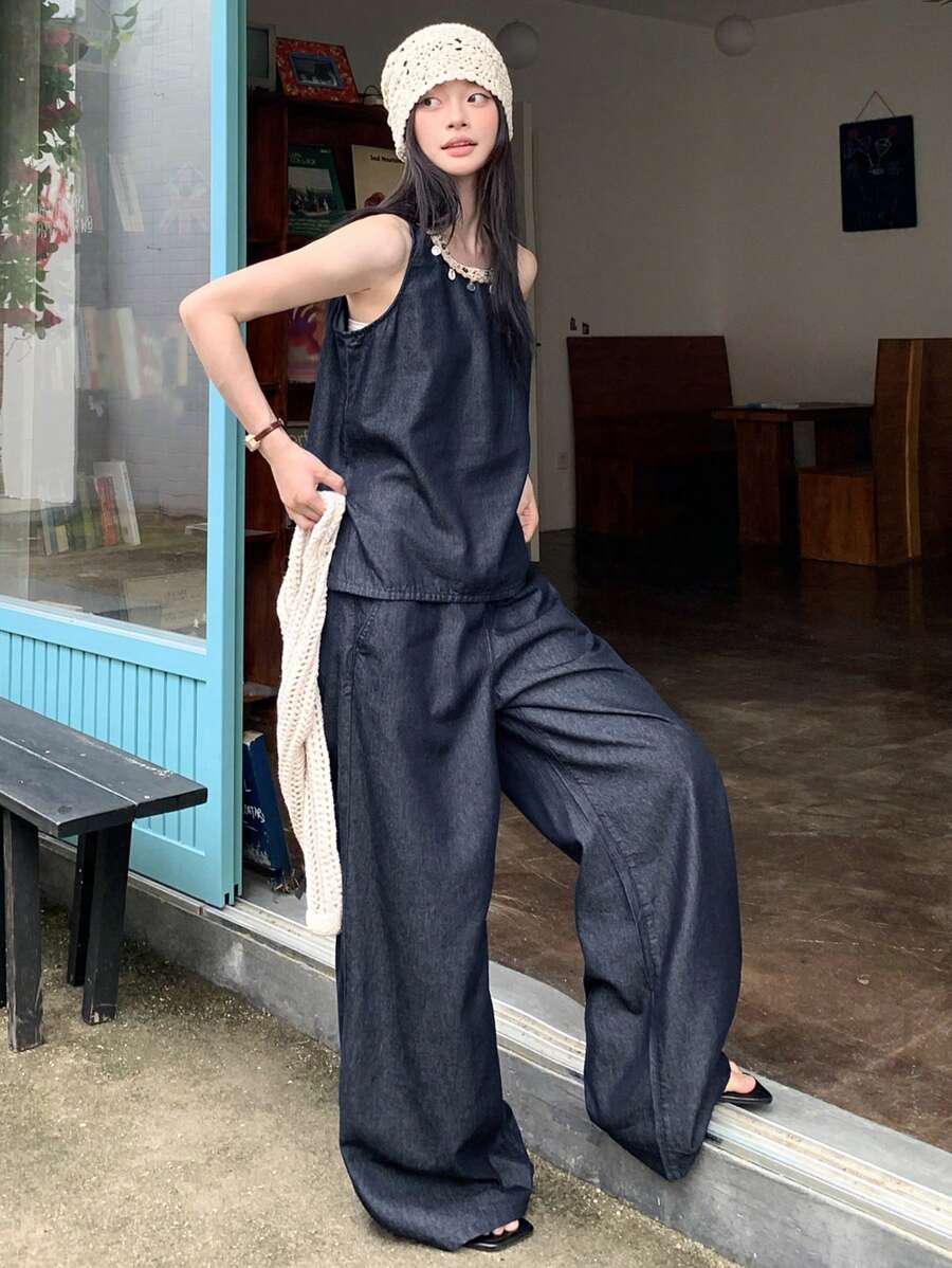 DAZY Women's Summer Bohemian Sequined Patchwork Sleeveless Top And Loose Casual Wide Leg Pants 2 Pieces Suit, Vacation Style