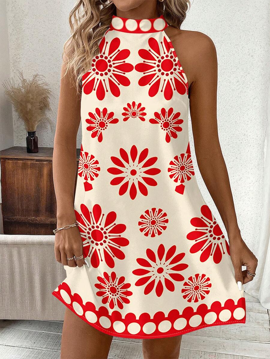 SHEIN Clasi 红色花卉印花挂脖女式夏季度假连衣裙 - 紅色 - 查看 1