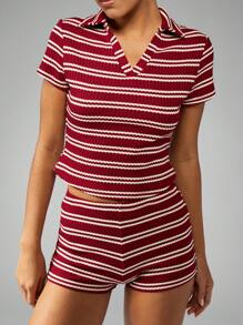 MISSGUIDED Striped Polo Coord Set Summer Leisure Ribbed Beach Resort Outfit High Waist Lounge Set Spring Holiday Casual Set