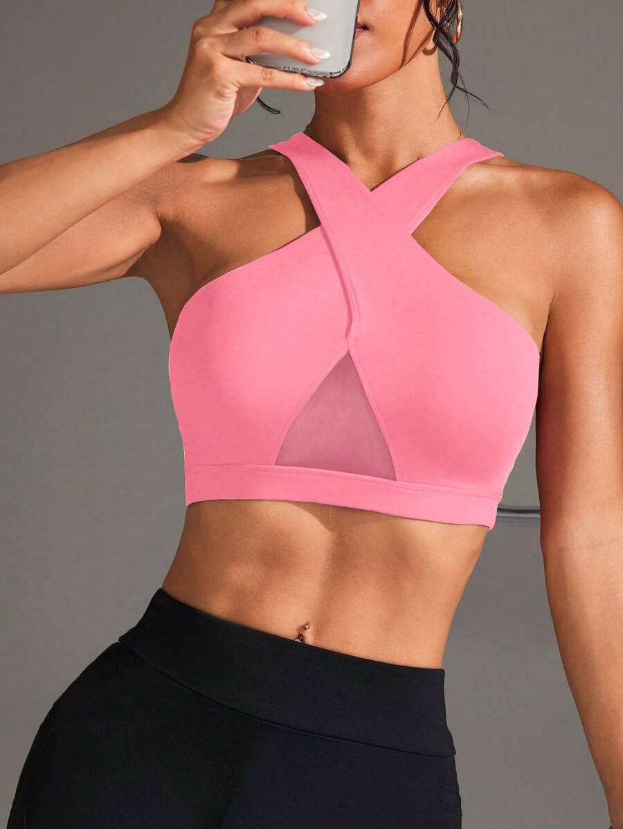 Easithlete Women's Solid Color Mesh Patchwork Sports Bra For Daily Fitness - Pink - View 1