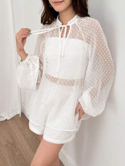 SHEIN Unity Women Swiss Dot Sheer Tie Neck Lantern Sleeve Top & Shorts Set