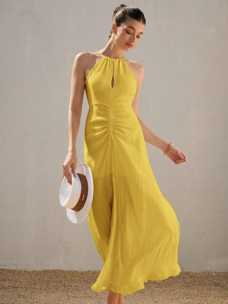 Aveloria Rosie 2025 Spring/Summer White Textured Elegant Sensual Spaghetti Strap Hollow-Out Ruched Waist Vacation Sleeveless Dress