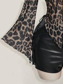 SHEIN ICON 加大码豹纹系带喇叭袖性感方领衬衫 - 彩色 - 查看 4