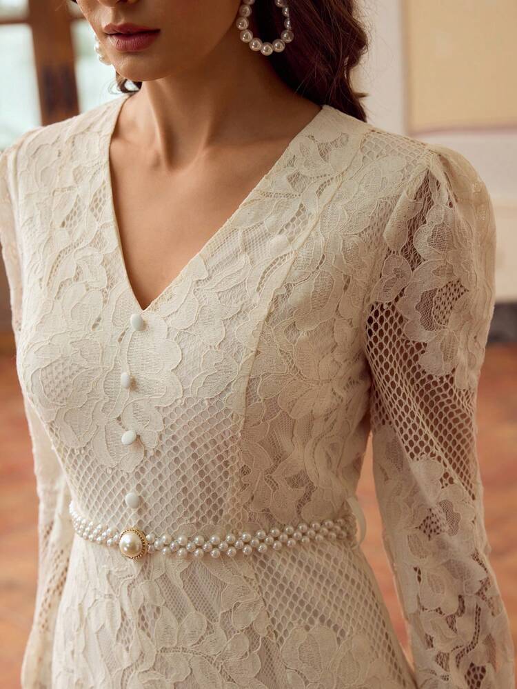 ZEYLAH Vestido largo elegante y romántico de mujer con cuello en V de encaje