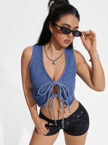 SHEIN PETITE Women's Front Tie Sexy Cropped Denim Vest Top ,Petite Women - Blue - View 4