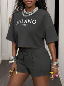Slaydiva 2 件 2025 春夏休闲运动女式街头风格圆领短袖 T 恤和短裤套装，字母印花面料运动服套装 - 灰色 - 查看 6