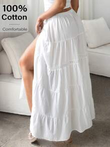 SHEIN Essnce Faldas largas tipo maxifalda bohemias de talla grande para mujer 2025, de mezcla de lino con abertura alta, cintura elástica y encaje, esenciales para festivales de música y vacaciones