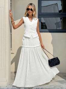 Siren Gaze Falda plisada de unicolor con volantes en el dobladillo, informal para vacaciones