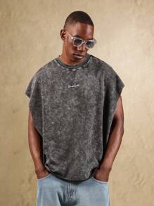 SUMWON Washed Raw Edge Tank Top Paradise Print Santorini Art Graphic Design Tank Oversized Summer Beach Sleeveless Vest Greek Vibes - Black - View 3