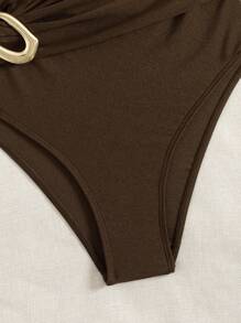 Swim Vcay 女士海滩夏季音乐节棕色金属首饰单肩优雅度假风格连体泳衣 - 棕色 - 查看 5